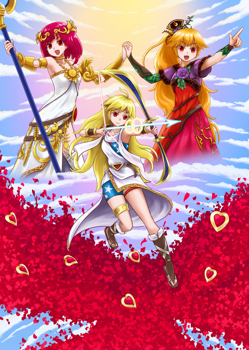 3girls american_flag arrow_(projectile) bare_shoulders blonde_hair bow_(weapon) bracer capelet cloud clownpiece colored_eyelashes commentary_request cosplay drawing_bow dress flower girdle gold heart hecatia_lapislazuli highres holding holding_bow_(weapon) holding_hands holding_weapon jewelry junko_(touhou) kid_icarus kid_icarus_uprising laurel_crown long_hair multiple_girls okema open_mouth orange_hair palutena palutena_(cosplay) pendant pit_(kid_icarus) pit_(kid_icarus)_(cosplay) pointing pointing_to_the_side pointing_up ponytail purple_capelet purple_flower red_dress red_eyes red_hair sandals sash short_hair short_sleeves side_slit sky smile staff strapless strapless_dress sun thigh_strap thighhighs touhou tunic viridi viridi_(cosplay) weapon white_dress white_tunic