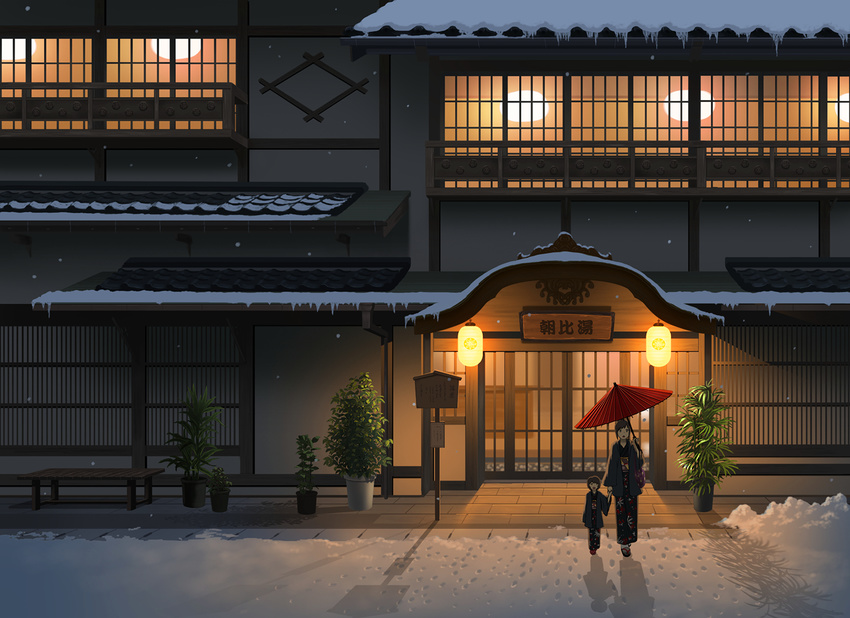 building japanese_clothes leaves nauimusuka night original scenic snow umbrella