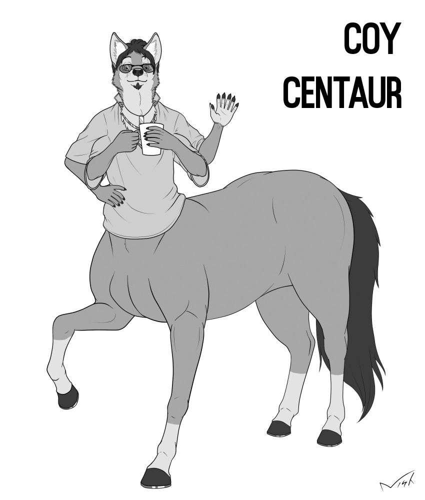 2018 4_arms 6_fingers beverage bottomless canid canine canis clothed clothing coffee container coyote cup dog_tags english_text equid equid_taur equine equine_taur eyewear facial_hair fingers gesture glasses goatee greyscale hair hi_res holding_container holding_cup holding_object hooves jewelry mammal mammal_taur monochrome multi_arm multi_limb multifur necklace nisharu polydactyly shirt simple_background solo taur text topwear waving white_background