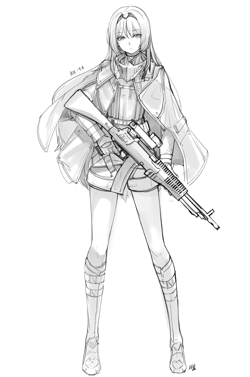 absurdres an-94 an-94_(girls'_frontline) assault_rifle commentary_request female fingerless_gloves girls'_frontline gloves greyscale gun highres korean_commentary long_hair mhg_(hellma) monochrome photoshop_(medium) rifle solo weapon