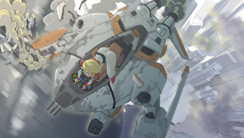 armor ass atac battle belt blonde_hair blue_eyes building cannon choujikuu_kidan_southern_cross cityscape cockpit damaged dana_sterling dirty dust dutch_angle energy_cannon energy_gun female flying gerwalk jeanne_francaix mecha military military_uniform motion_blur photoshop_(medium) planet_glorie riding robot robotech science_fiction smoke southern_cross tasc tasc-01-scf_logan uniform weapon william_ruzicka