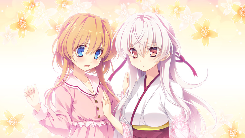 2girls applique blue_eyes blush breast_grab dress game_cg hana_no_no_ni_saku_utakata_no japanese_clothes kimono long_hair odawara_hakone orange_hair ouka_(hana_no_no_ni_saku_utakata_no) red_eyes short_hair white_hair yakushi_ryouko