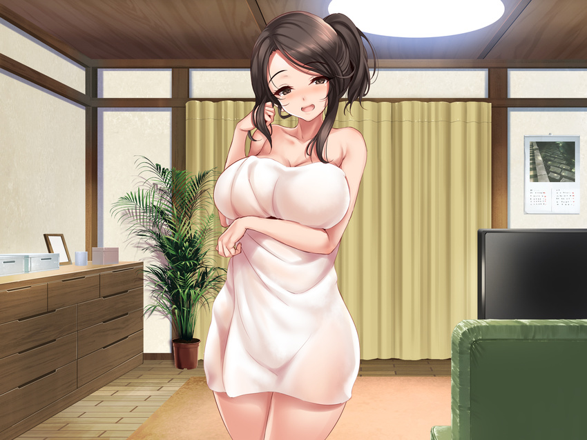 adjusting_hair bare_arms bare_legs bare_shoulders black_eyes black_hair blush breast_hold breasts carpet cleavage couch cowboy_shot curtains eyebrows eyebrows_visible_through_hair female hair_up happy highres huge_breasts indoors kateikyoushi_saki_no_okaa-san_to kure_masahiro legs long_hair looking_at_viewer nude open_mouth plant smile solo standing television thighs towel