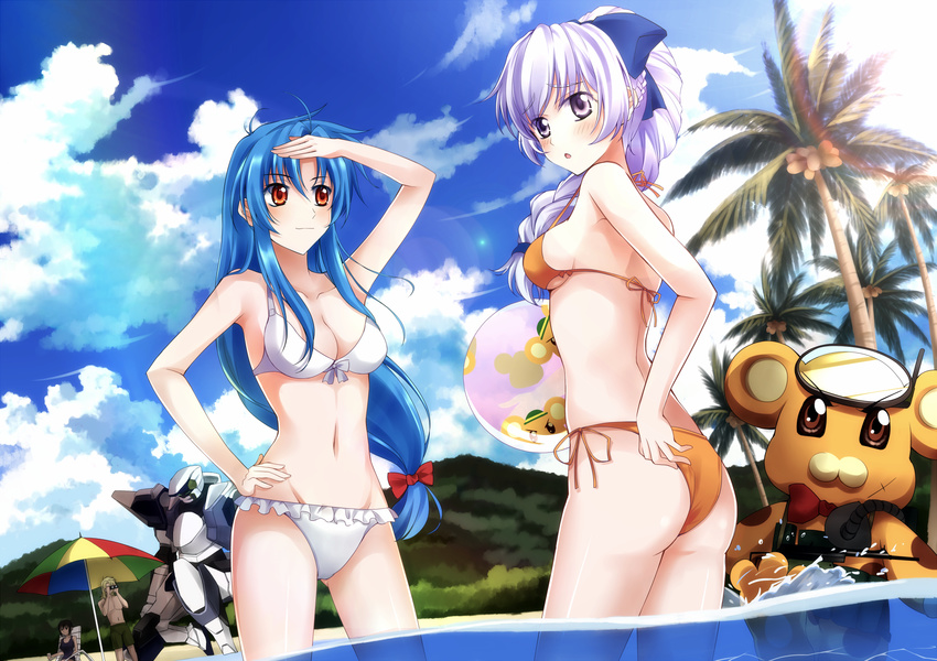 2boys 3girls arm_slave_(mecha) arx-7_arbalest ass ball beach beachball bikini blue_hair bonta-kun braid breasts brown_eyes chidori_kaname cleavage cloud commentary_request day frilled_bikini frills full_metal_panic full_metal_panic?_fumoffu hand_on_own_hip highres kurz_weber lens_flare light_purple_hair long_hair looking_back low-tied_long_hair mecha medium_breasts melissa_mao multiple_boys multiple_girls navel ocean orange_eyes outdoors palm_tree parasol purple_eyes purple_hair qiuzhi_huiyi robot science_fiction shiny_skin side-tie_bikini_bottom sky strap_gap swimsuit teletha_testarossa tree umbrella wading water