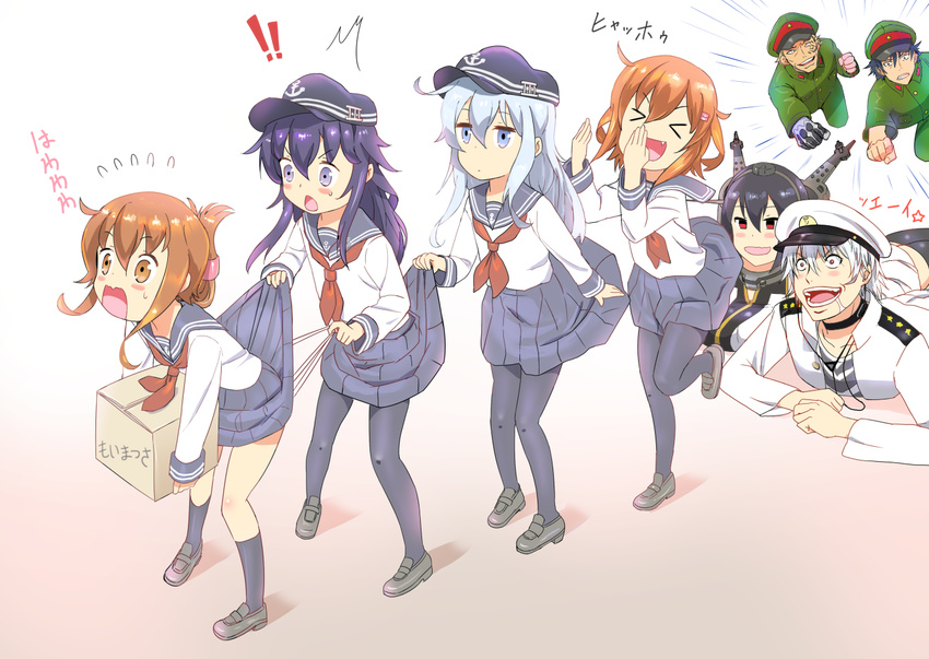 ! !! >_< 3boys 5girls accelerator_(toaru_majutsu_no_index) akatsuki_(kancolle) albino anchor_symbol black_hair black_pantyhose black_socks blonde_hair blue_eyes blush_stickers brown_eyes brown_hair closed_eyes commentary_request facial_tattoo female_pervert flat_cap folded_ponytail grey_hair hair_ornament hairclip hat hibiki_(kancolle) ikazuchi_(kancolle) inazuma_(kancolle) kamijou_touma kantai_collection kihara_amata long_hair military military_police military_uniform multiple_boys multiple_girls mushi_gyouza nagato_(kancolle) naval_uniform neckerchief oerba_yun_fang open_mouth panties panty_pull pantyhose pervert pleated_skirt punching purple_eyes red_neckerchief saliva school_uniform serafuku short_hair skirt socks straight tattoo toaru_majutsu_no_index toaru_majutsu_no_index:_old_testament trait_connection underwear uniform white_hair white_panties yuri