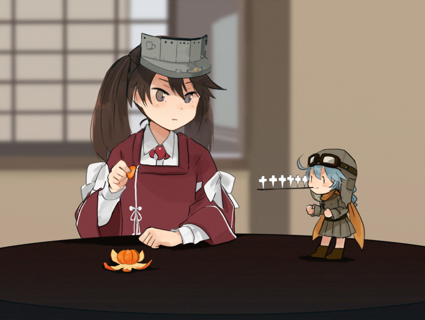 2girls annin_musou bad_id bad_pixiv_id blue_hair brown_eyes brown_hair commentary_request fairy_(kancolle) food fruit hair_between_eyes holding holding_food holding_fruit japanese_clothes kantai_collection kariginu long_hair long_sleeves magatama mandarin_orange multiple_girls ryuujou_(kancolle) shikigami smile twintails type_0_fighter_model_62 visor_cap