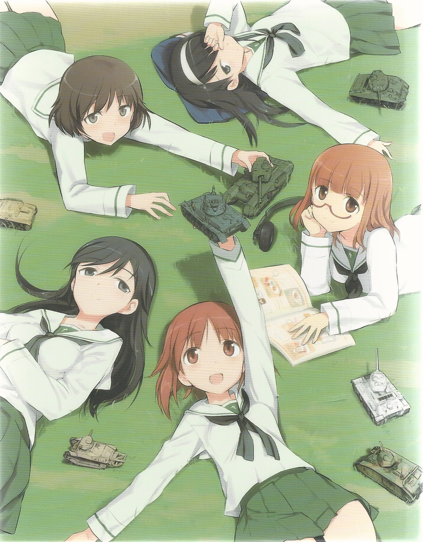 5girls :d akiyama_yukari arm_up black_eyes black_hair blunt_bangs book breasts brown_eyes char_b1 churchill_(tank) cross from_above girls_und_panzer glasses grass green_skirt grey_eyes hairband head_rest headphones headphones_removed highres holding isuzu_hana light_smile long_hair long_sleeves looking_at_viewer lying m4_sherman medium_tank military military_vehicle miniskirt model model_tank motor_vehicle multiple_girls neckerchief nishizumi_miho official_art on_back on_ground on_stomach ooarai_school_uniform open_book open_mouth outdoors outstretched_arm panzer_iv parted_bangs pleated_skirt red-framed_eyewear reizei_mako ribbon rubbing_eyes scan scan_artifacts school_uniform semi-rimless_eyewear semovente_75/18 serafuku shimada_fumikane short_hair skirt small_breasts smile swept_bangs t-34 takebe_saori tank toy type_89_i-gou under-rim_eyewear