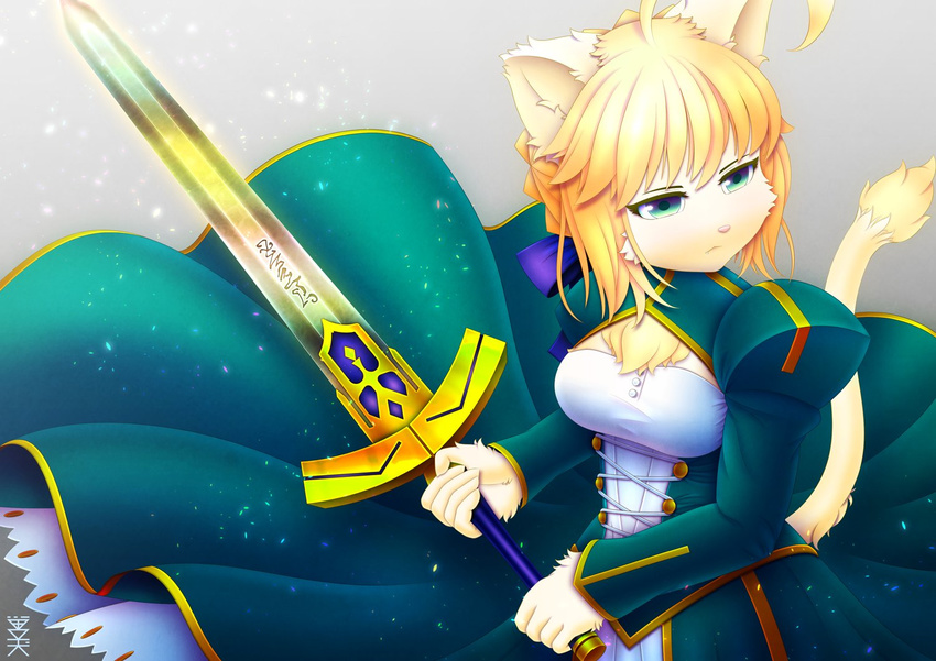 artist_request blonde_hair cosplay fate/stay_night fate_(series) feline furry green_eyes saber saber_(cosplay) sword