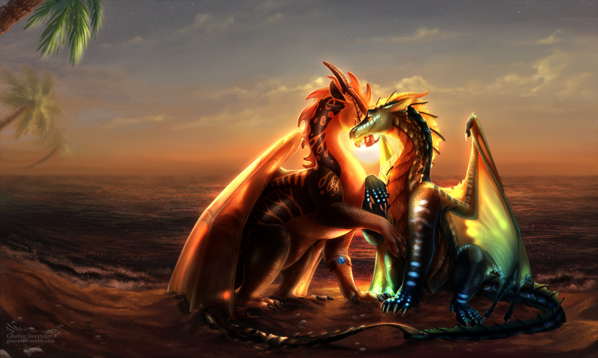 2018 5:3 absurd_res amber_eyes beach claws day detailed_background dragon duo european_mythology feral ghuran hi_res horn hydlunn membrane_(anatomy) membranous_wings mythological_creature mythological_scalie mythology outside sand scalie seaside seawing_(wof) shore sky smile spines standing tail western_dragon wings wings_of_fire