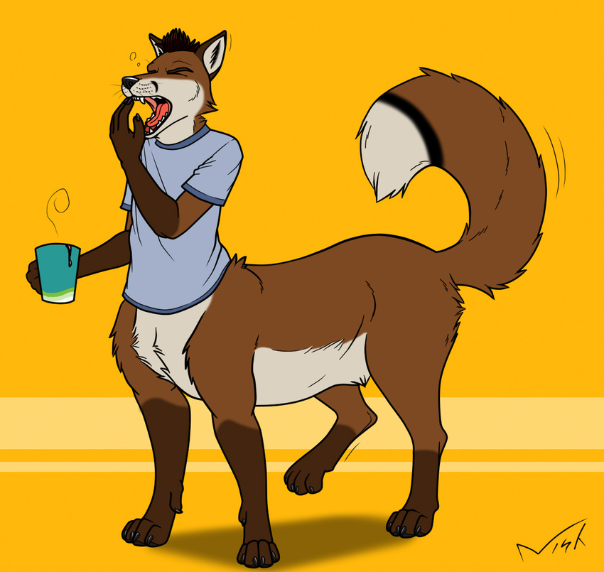 beverage bottomless canid canid_taur canine canine_taur clothed clothing coffee flat_colors fox fox_taur mammal mammal_taur nisharu open_mouth quadruped solo taur yawn