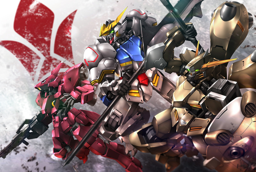 commentary_request glowing glowing_eyes green_eyes gun gundam gundam_barbatos gundam_flauros gundam_gusion_rebake gundam_tekketsu_no_orphans mecha no_humans photoshop_(medium) polearm rifle robot sword weapon zb_(dawn-blue)