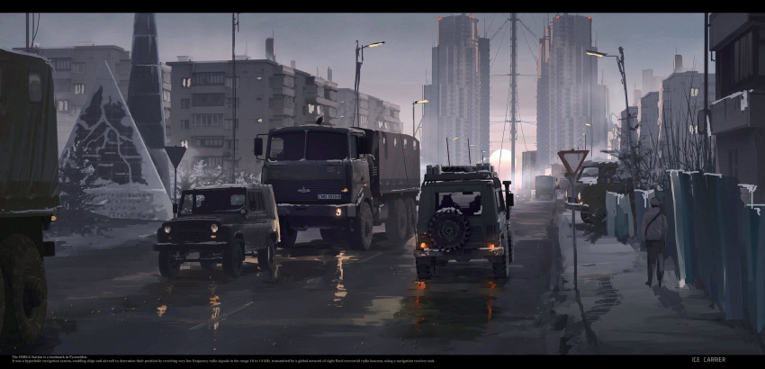 car cityscape convoy haguruma_c highres lamppost lights maz-6317 mercedes-benz mercedes-benz_g-class military_vehicle motor_vehicle original outdoors overcast radio_tower road sky snow spare_tire sports_utility_vehicle sunrise traffic truck uaz-452 uaz-469 wet