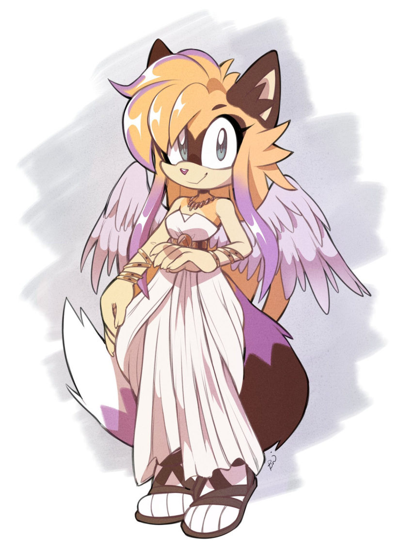 angel_wings animal_ears artist_name bad_id bad_twitter_id bare_shoulders blonde_hair breasts bright_pupils commentary commission dress english_commentary feathered_wings female full_body furry furry_female highres jewelry kaijumilk_(milkchaotea) long_hair looking_at_viewer original purple_wings sandals sidelocks signature smile solo standing strapless strapless_dress tail toeless_footwear toes very_long_hair white_dress white_pupils wings