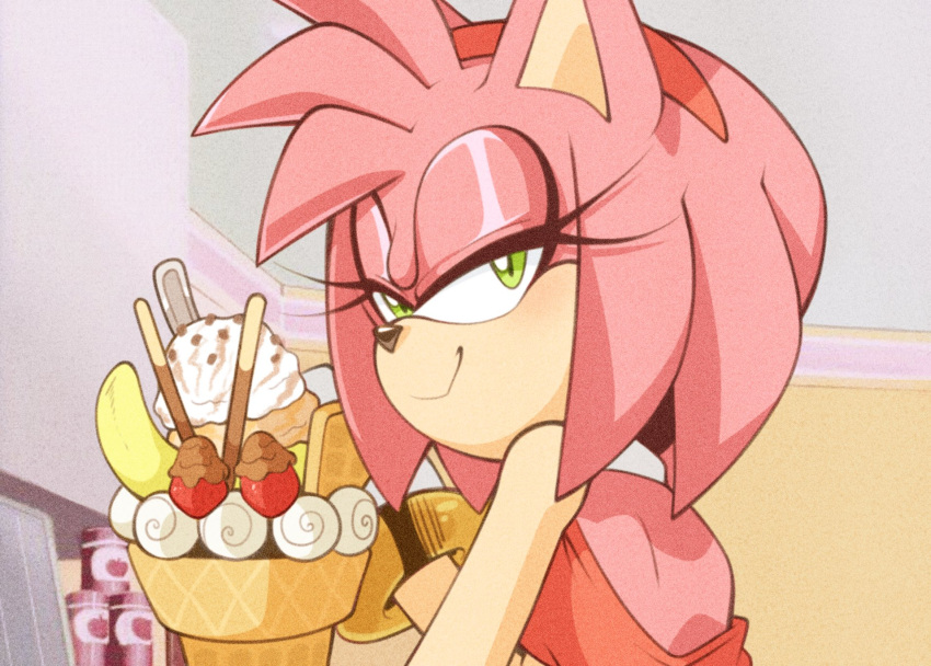 amy_rose animal_ears animal_nose back backless_dress backless_outfit bad_id bad_twitter_id banana bangle bracelet chocolate_chip chocolate_chipped_cream_sundae_supreme closed_mouth commentary dress female food fruit furry furry_female gloves green_eyes hairband half-closed_eyes hedgehog_ears highres ice_cream indoors jewelry kaijumilk_(milkchaotea) long_hair looking_at_viewer makeup mascara parody pink_hair pocky red_dress red_hairband sleeveless sleeveless_dress smile smug solo sonic_(series) sonic_unleashed sprinkles strawberry style_parody sundae symbol-only_commentary whipped_cream white_gloves