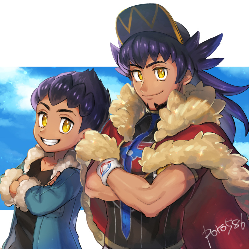 2boys artist_name beard black_hair black_shirt brothers cape crossed_arms dark-skinned_male dark_skin day facial_hair fur_trim grin hat highres hop_(pokemon) jacket leon_(pokemon) long_hair male_focus multiple_boys outdoors pokemon pokemon_swsh poroi_(poro586) purple_hair red_cape shirt short_hair siblings smile wristband yellow_eyes