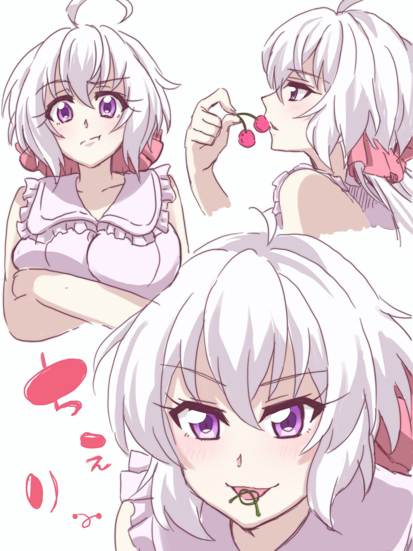 :t alternate_costume blush breasts cherry cherry_stem_knot cropped_arms cropped_legs crossed_arms eating emmxd325 female food from_side fruit highres large_breasts long_hair looking_at_viewer open_mouth pink_ribbon purple_eyes ribbon senki_zesshou_symphogear twintails upper_body white_background yukine_chris