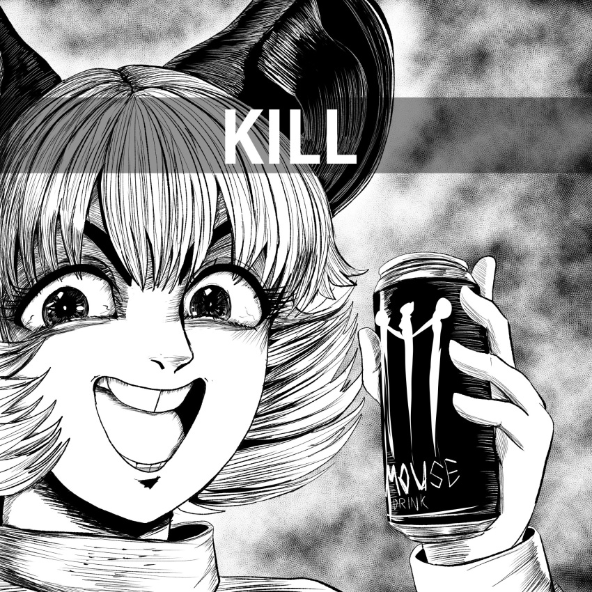 animal_ears bloodshot_eyes can commentary english_commentary english_text evil_smile female franzj greyscale highres holding holding_can itou_junji_(style) looking_at_viewer meme monochrome monster_energy mouse_ears nazrin open_mouth parody portrait short_hair smile snapchat snapchat_kill_guy_(meme) solo step_arts style_parody teeth touhou