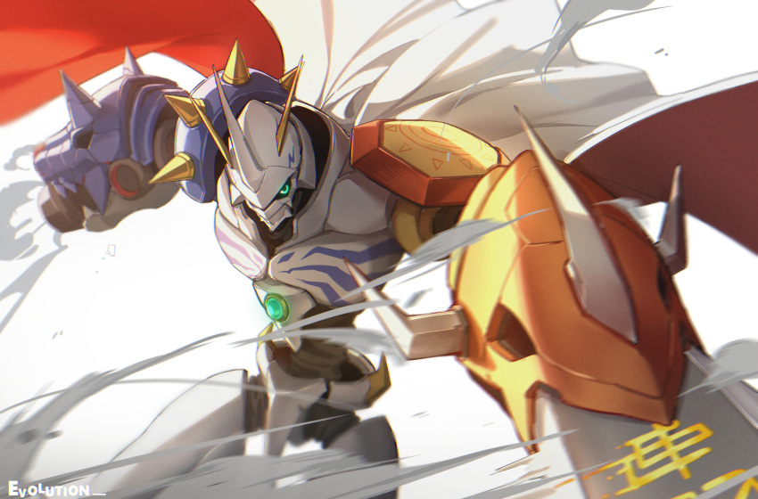 absurdres arm_cannon armor cape digimon digimon_(creature) gun highres horns looking_at_viewer mecha no_humans omegamon red_cape robot solo spikes sword weapon white_cape yumuto_(spring1786)