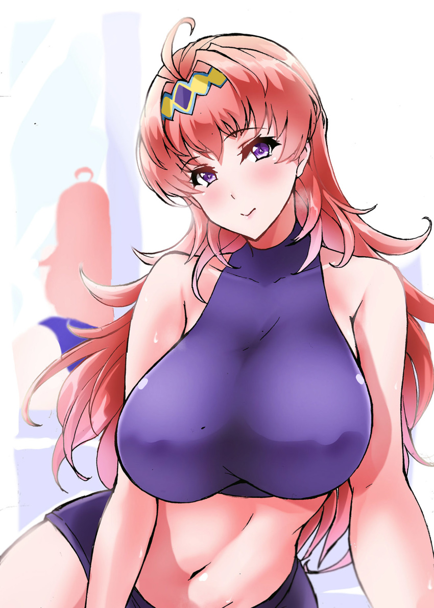 bolobolo breasts charlotte_hasting covered_nipples cowlick female highres large_breasts leaning_to_the_side long_hair looking_at_viewer mature_female midriff navel purple_eyes red_hair smile solo super_robot_wars super_robot_wars_v