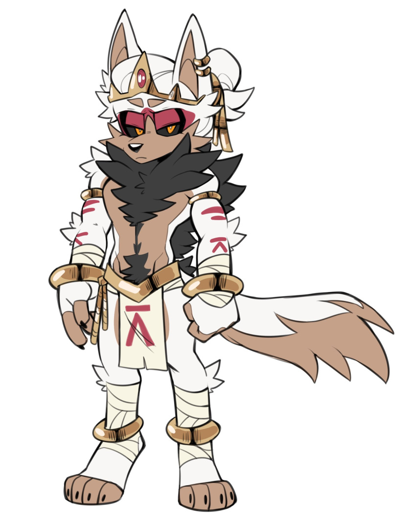 1boy animal_ears animal_nose arm_wrap bad_id bad_twitter_id bangle black_hair black_sclera bracelet clenched_hand colored_sclera commentary denali_(kaijumilk) earrings english_commentary frown full_body furry furry_male highres jewelry kaijumilk_(milkchaotea) looking_at_viewer male_focus orange_eyes original pelvic_curtain simple_background solo standing tail thick_eyebrows white_background white_hair