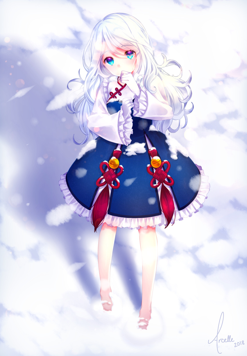 2018 absurdres arcelle artist_name bare_legs barefoot blue_dress blue_eyes commentary_request dress female frilled_dress frills full_body gloves highres legs_apart long_hair looking_at_viewer maplestory maplestory_2 multicolored_eyes pink_eyes priest_(maplestory_2) signature snow solo standing tassel wavy_hair white_gloves white_hair