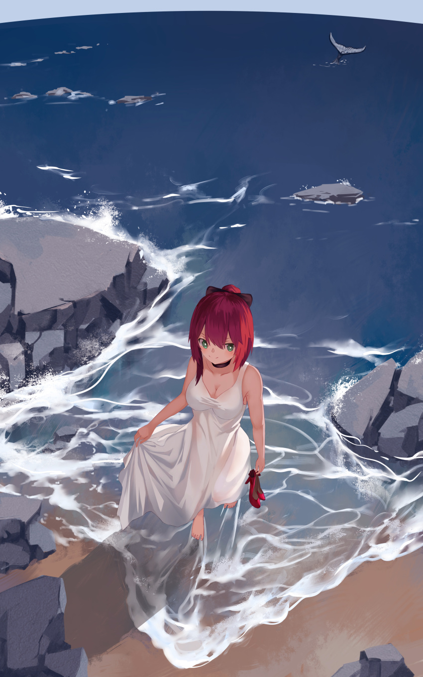 >:) .l.l absurdres bare_arms bare_shoulders barefoot black_bow black_choker bow breasts cetacean_tail choker chucolala cleavage collarbone dress female fins fish_tail from_above green_eyes hair_between_eyes hairbow high_heels highres hiseki_erio holding holding_clothes holding_footwear holding_shoes horizon md5_mismatch medium_breasts ocean outdoors ponytail red_footwear red_hair shoes sleeveless sleeveless_dress solo tail unworn_shoes v-shaped_eyebrows virtual_youtuber walking water white_dress