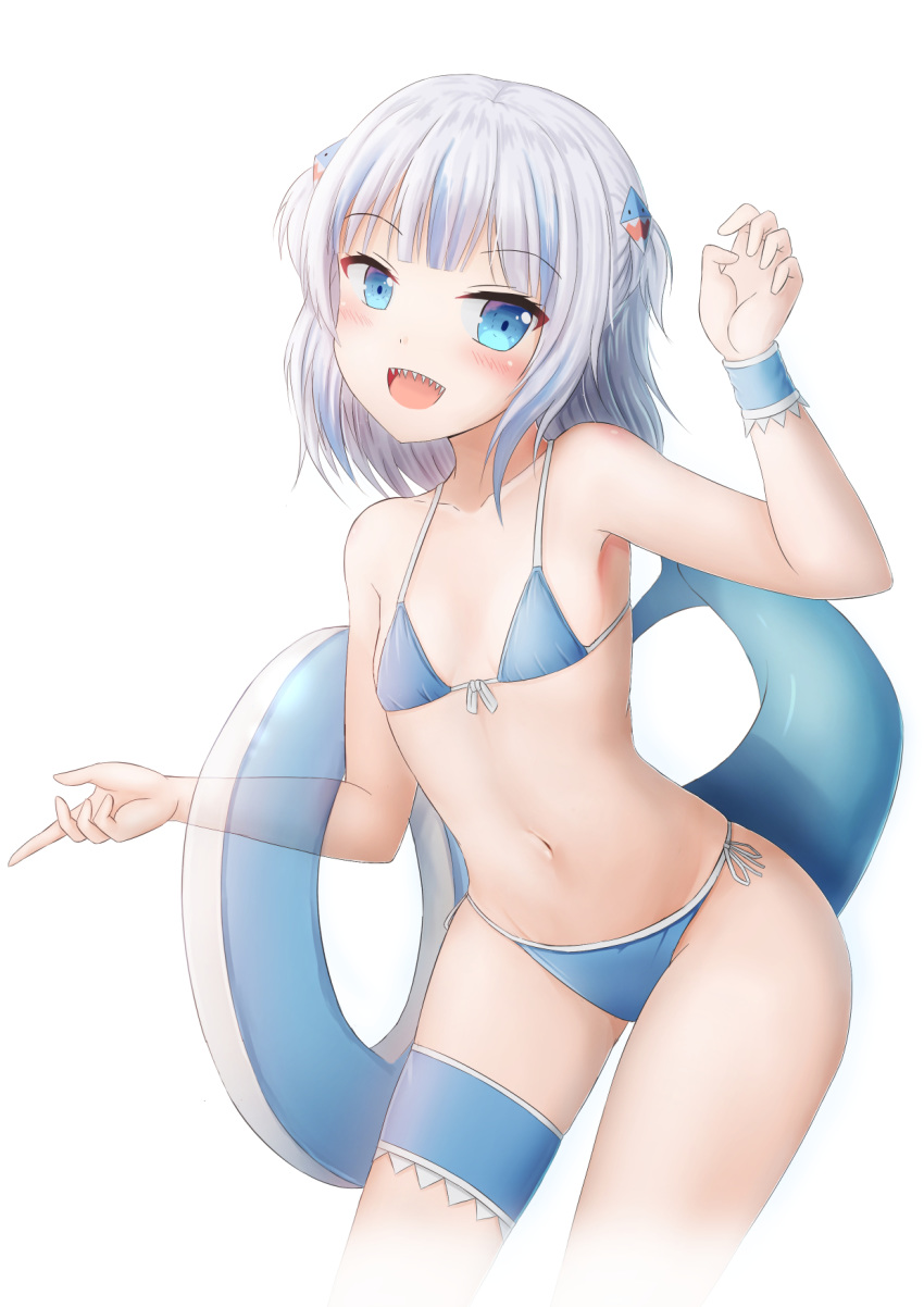 :d arm_up bare_arms bare_shoulders bikini blue_bikini blue_eyes blue_hair blush breasts collarbone commentary cropped_legs english_commentary female fins fish_tail front-tie_bikini_top front-tie_top gawr_gura grey_hair hair_ornament highres hololive hololive_english innertube multicolored_hair navel open_mouth prophosphere shark_tail sharp_teeth side-tie_bikini_bottom simple_background small_breasts smile solo streaked_hair swim_ring swimsuit tail teeth transparent two_side_up virtual_youtuber white_background