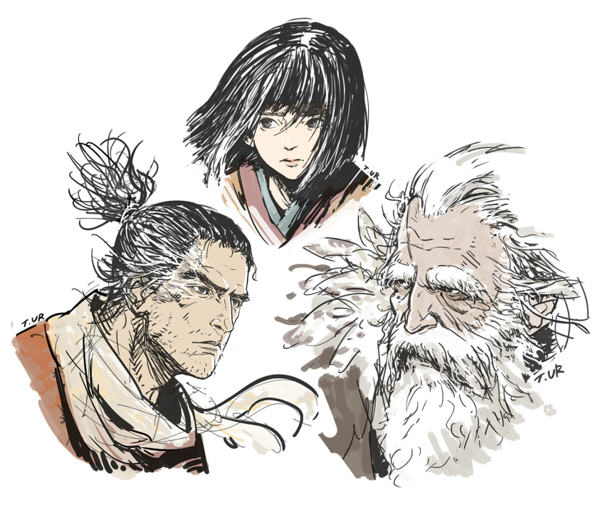 3boys beard black_eyes black_hair closed_mouth commentary_request facial_hair great_shinobi_owl highres horsea_(ekaki01) kuro_the_divine_heir male_focus moustache multiple_boys old old_man photoshop_(medium) ponytail scarf sekiro sekiro:_shadows_die_twice signature simple_background stubble white_background white_hair