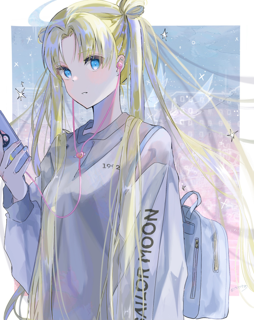 absurdres bag bishoujo_senshi_sailor_moon blonde_hair blue_eyes cellphone double_bun earphones female grey_shirt hair_bun hair_intakes highres holding holding_phone long_hair long_sleeves parted_lips phone shirt smartphone solo standing sutera_sea tsukino_usagi upper_body very_long_hair