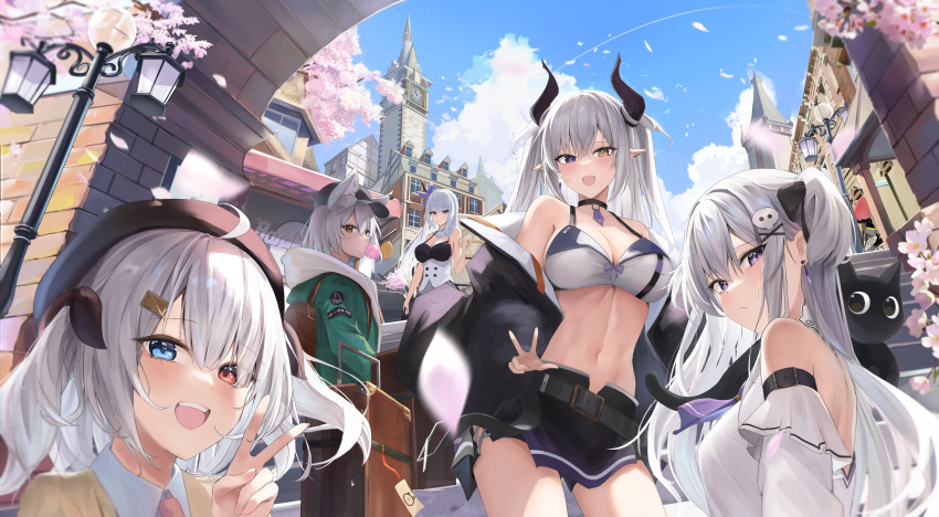 5girls absurdres animal_ears aoi_13 bare_shoulders belt beret black_belt black_headwear black_jacket blue_eyes blush breasts chewing_gum detached_sleeves green_eyes green_jacket grey_hair hand_up hat heterochromia highres horns jacket lamppost large_breasts long_hair long_sleeves multiple_girls navel off_shoulder open_mouth original outdoors pointy_ears purple_eyes red_eyes sidelocks smile stomach two_side_up v white_sleeves yellow_eyes