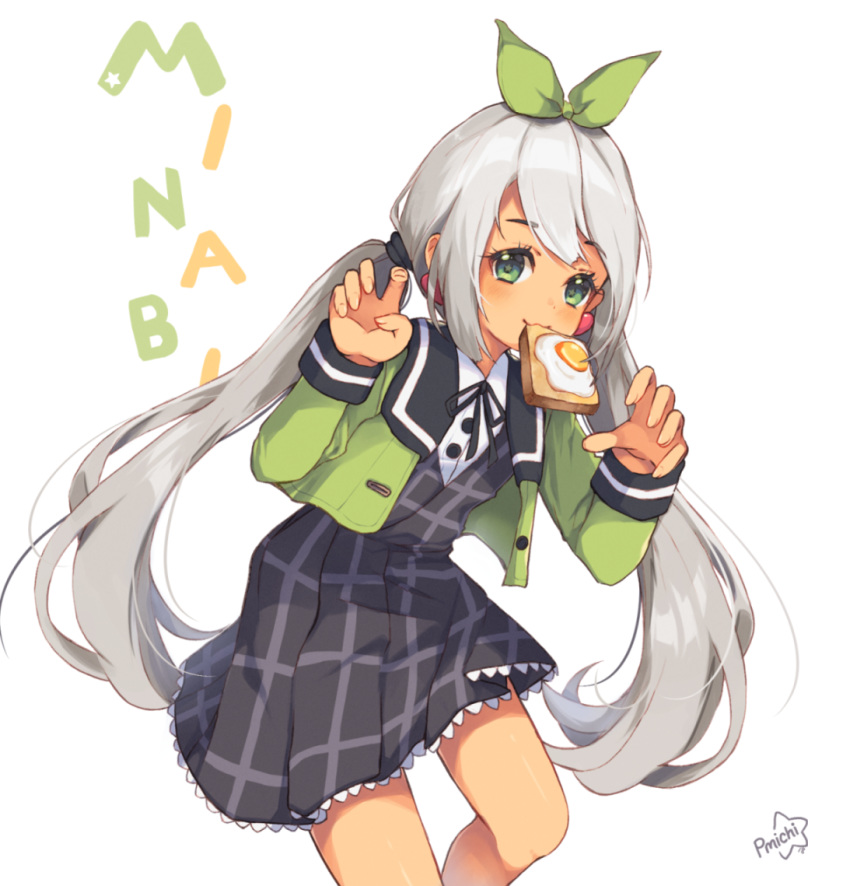 :3 bare_legs black_dress bow bread bread_slice character_name commentary cowboy_shot dress earrings egg egg_(food) english_commentary female food food_in_mouth fried_egg fried_egg_on_toast green_bow green_eyes green_jacket grey_hair hairbow jacket jewelry long_hair looking_at_viewer low_twintails maplestory maplestory_2 mouth_hold original paw_pose peachy_michi plaid plaid_dress school_uniform signature simple_background smile solo star_(symbol) star_in_eye symbol_in_eye tan toast toast_in_mouth twintails white_background wizard_(maplestory_2)