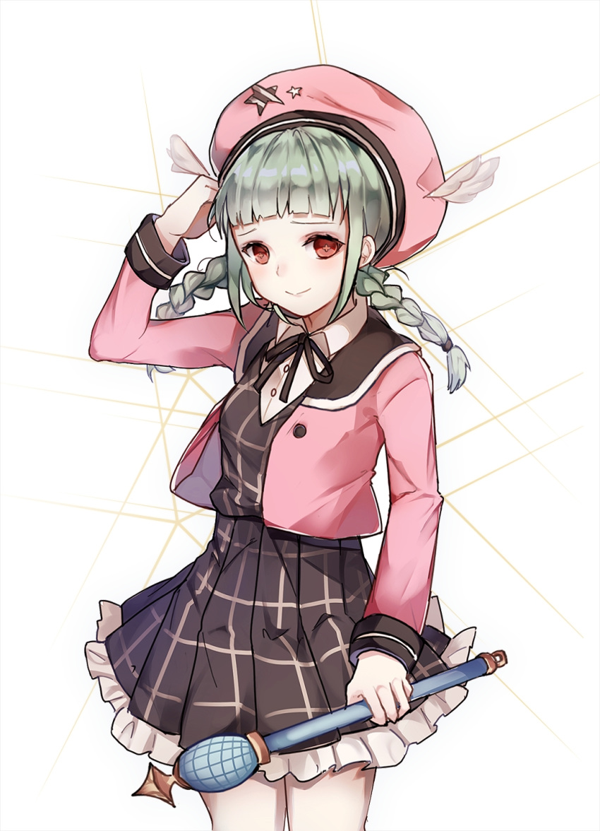 bad_id bad_pixiv_id beret black_dress braid closed_mouth commentary cowboy_shot dress english_commentary female frilled_dress frills green_hair hat highres holding holding_wand jacket looking_at_viewer maplestory maplestory_2 original pink_hat pink_jacket plaid plaid_dress player_character_(maplestory) red_eyes short_hair simple_background smile solo standing symbol-shaped_pupils twin_braids wand white_background xoaiu