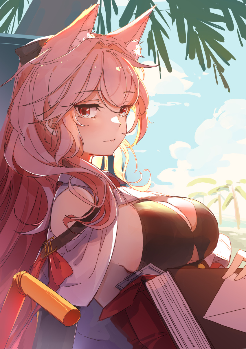 absurdres animal_ear_fluff animal_ears arknights bare_shoulders bikini bikini_top_only black_bikini blue_sky blush book bow breasts cleavage closed_mouth clothing_cutout day female from_side high-waist_skirt highres large_breasts long_hair looking_at_viewer looking_to_the_side outdoors palm_tree pink_hair pozyomka_(arknights) red_bow red_eyes sao7 shoulder_cutout skirt sky smile solo swimsuit tree underbust upper_body very_long_hair wolf_ears