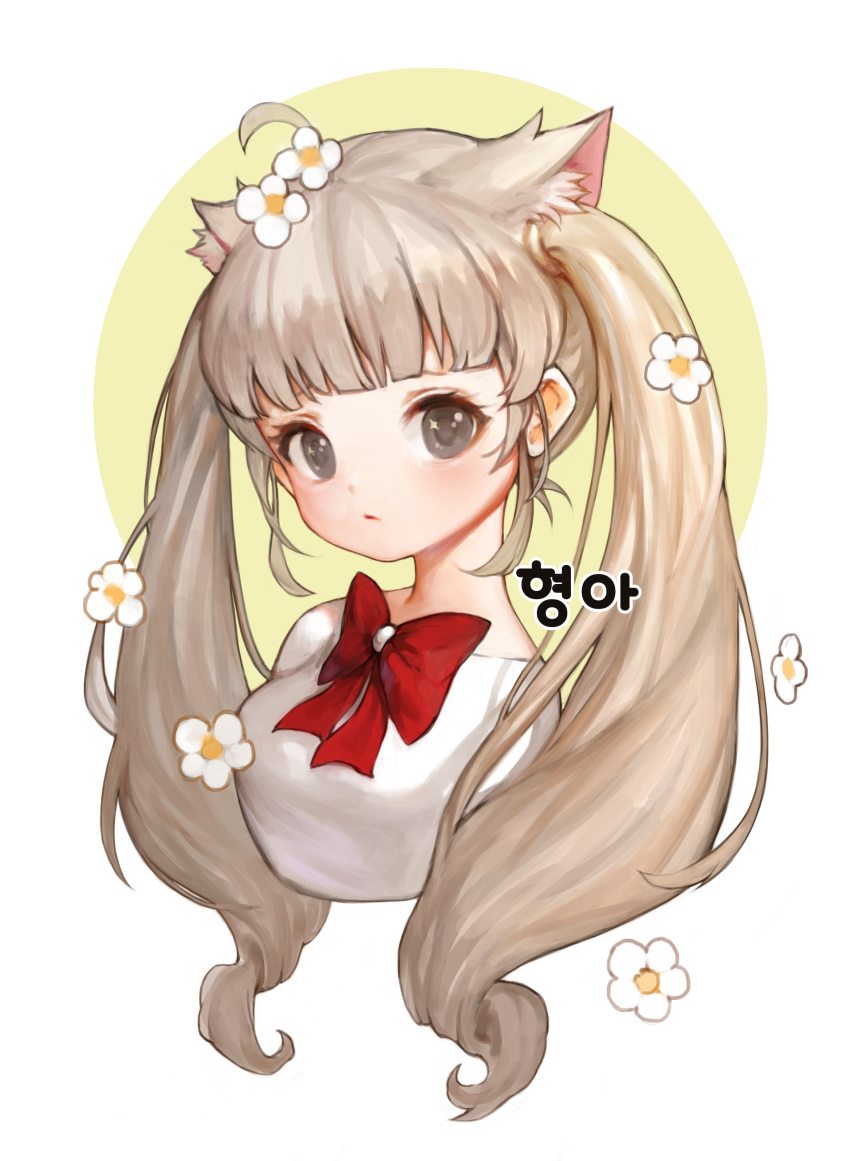 absurdres ahoge animal_ears annyeongbangawo bow bowtie brown_hair cat_ears character_request closed_mouth commentary expressionless extra_ears female flower grey_eyes hair_flower hair_ornament highres korean_commentary korean_text long_hair looking_at_viewer maplestory maplestory_2 red_bow shirt solo twintails white_shirt