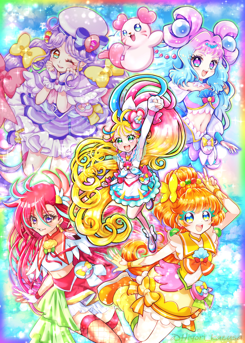 5girls :d absurdres ankle_bow aqua_hair arm_up blonde_hair blue_background blue_bow blue_choker blue_eyes blue_hair blue_nails border bow bow_earrings brooch brown_eyes bubble_skirt capelet choker clenched_hand colored_eyelashes colorful creature cure_coral cure_flamingo cure_la_mer cure_papaya cure_summer double_bun dress earrings elbow_gloves eyelash_ornament feather_earrings feathers fingerless_gloves fingernails fishnet_legwear fishnets flower food-themed_earrings gloves gradient_hair hair_bun hair_flower hair_intakes hair_ornament hair_strand hairbow hat hat_bow heart heart_in_eye highres ichinose_minori jewelry kazusa_hiyori kururun_(precure) laura_la_mer leg_warmers long_hair looking_at_viewer magical_girl midriff mismatched_eyelashes multicolored_border multicolored_hair multiple_girls multiple_hair_bows natsuumi_manatsu navel one_eye_closed open_mouth orange_footwear orange_hair pearl_hair_ornament pink_bow pink_eyes pink_hair pouch precure purple_capelet purple_dress purple_eyes purple_gloves purple_hair red_hair sailor_hat seal_(animal) shell_brooch shoes side_ponytail single_earring skirt smile streaked_hair striped striped_bow suzumura_sango symbol_in_eye takizawa_asuka thick_eyelashes thighhighs triangle_earrings tropical-rouge!_precure twintails twitter_username very_long_hair white_bow white_choker white_footwear white_gloves white_skirt wrist_bow yellow_bow yellow_choker yellow_eyes yellow_gloves yellow_skirt