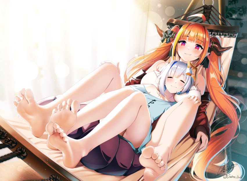 2girls alternate_costume amane_kanata bare_legs bare_shoulders barefoot between_breasts blue_hair blue_shirt blunt_bangs blush bow breasts casino_(casinoep) closed_eyes closed_mouth clothes_writing commentary dragon_girl dragon_horns dragon_tail feet foot_focus foreshortening full_body halo hammock hands_on_another's_knees head_between_breasts height_difference hololive horn_bow horn_ornament horns indoors jacket kiryu_coco kiryu_coco_(loungewear) large_breasts legs long_hair long_sleeves looking_at_viewer lying multicolored_eyes multicolored_hair multiple_girls off_shoulder official_alternate_costume on_back orange_hair pointy_ears pp_tenshi_t-shirt purple_eyes red_eyes red_jacket shirt short_hair signature sleeping smile soles star_halo streaked_hair striped striped_bow tail toes twintails vertical-striped_bow vertical_stripes very_long_hair virtual_youtuber white_hair white_shirt