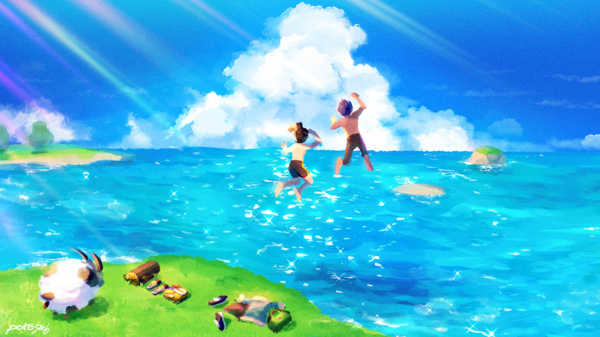 2boys barefoot brown_hair commentary_request dark-skinned_male dark_skin day dubwool grass hands_up hop_(pokemon) jumping light_rays male_focus male_swimwear marine_day multiple_boys ocean outdoors pokemon pokemon_(creature) pokemon_swsh poroi_(poro586) purple_hair short_hair signature sky swim_trunks topless_male victor_(pokemon) water