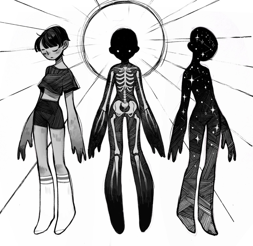 age_progression closed_eyes closed_mouth commentary constellation crop_top cropped_shirt crosshatching english_commentary exposed_bone feefal female hatching_(texture) highres implied_death midriff monochrome original pixie_cut short_hair shorts simple_background skeleton socks star_(sky)