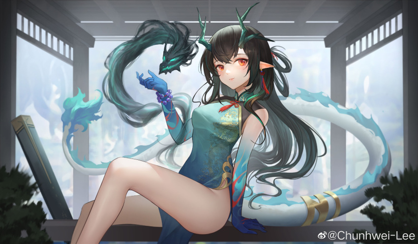 aqua_dress arknights bare_legs bare_shoulders bead_bracelet beads black_hair bracelet breasts chunhwei_lee dress dusk_(arknights) dusk_(everything_is_a_miracle)_(arknights) feet_out_of_frame female hand_up highres horns jewelry long_hair looking_at_viewer medium_breasts official_alternate_costume orange_eyes pointy_ears sitting sleeveless sleeveless_dress smile solo tail thighs very_long_hair