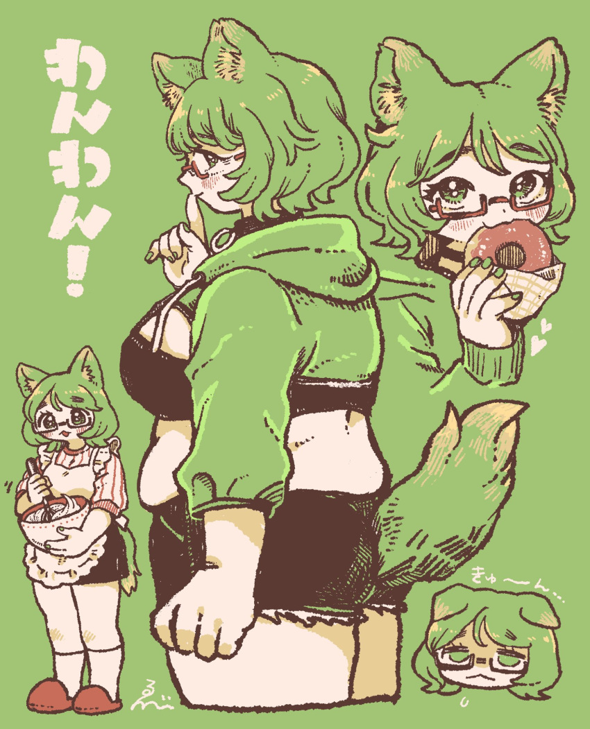 animal_ear_fluff animal_ears breasts commentary_request commission crop_top cropped_hoodie dog_girl doughnut drawstring eating ebiebi female food full_body green_background green_eyes green_hair green_nails green_theme highres hood hoodie indie_virtual_youtuber kneehighs large_breasts long_sleeves looking_at_viewer looking_to_the_side medium_hair midriff mint_castella multiple_views open_mouth plump red-framed_eyewear semi-rimless_eyewear simple_background skeb_commission socks standing tail thick_thighs thighs translation_request under-rim_eyewear virtual_youtuber