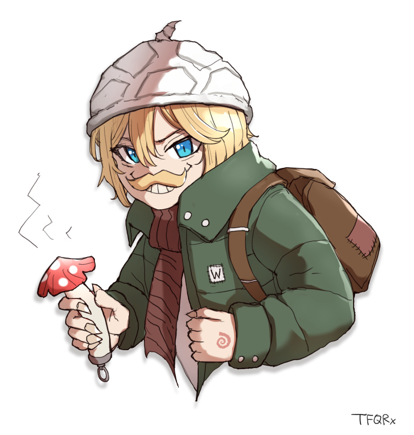 1boy artist_name backpack bag blonde_hair blue_eyes brown_bag facial_hair fingernails green_jacket highres holding holding_clothes holding_jacket holding_mushroom hololive hololive_english jacket male_focus moustache mushroom necktie red_neckwear sharp_fingernails smile solo tfqr tinfoil_hat upper_body watoto_(watson_amelia) world_of_darkness