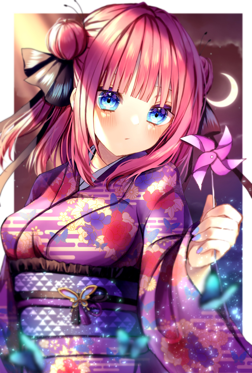 alternate_hairstyle black_ribbon blue_eyes blunt_bangs blush breasts bug butterfly butterfly_brooch butterfly_hair_ornament commentary_request double_bun female floral_print go-toubun_no_hanayome hair_bun hair_ornament hair_ribbon highres japanese_clothes kimono large_breasts moon multicolored_nails nail_polish nakano_nino night outdoors pink_hair purple_kimono raised_eyebrows ribbon short_hair windmill xx_momomo_xx