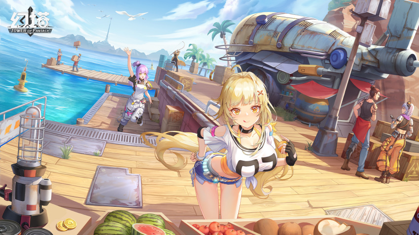 3girls 4boys :q ahoge apple artist_request belt bent_over bird black_choker black_gloves black_shirt blonde_hair blue_shorts breasts choker cleavage closed_mouth clothing_cutout coconut coconut_tree coin collarbone crate crop_top day exposed_pocket fingerless_gloves fishing fishing_rod food franz_(tower_of_fantasy) front-tie_top fruit fruit_cup gloves hair_ornament hand_on_own_hip highres hilda_(tower_of_fantasy) large_breasts long_hair looking_at_viewer low_twintails micro_shorts midriff multiple_boys multiple_girls multiple_others official_art orange_eyes outdoors overalls palm_tree ponytail purple_hair shirli_(tower_of_fantasy) shirt short_shorts shorts shoulder_cutout smile standing thighs tongue tongue_out tower_of_fantasy tree twintails very_long_hair water watermelon white_shirt wooden_floor x_hair_ornament zeke_(tower_of_fantasy)