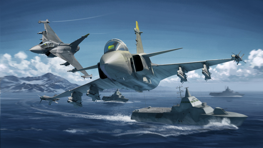 aircraft airplane cloud coat_of_arms commentary contrail day fighter_jet flying highres horizon jet military military_vehicle missile mountain mountainous_horizon ocean original ost02 saab_gripen ship sky svenska_flygvapnet tre_kronor vehicle_focus visby-class_corvette warship watercraft waves