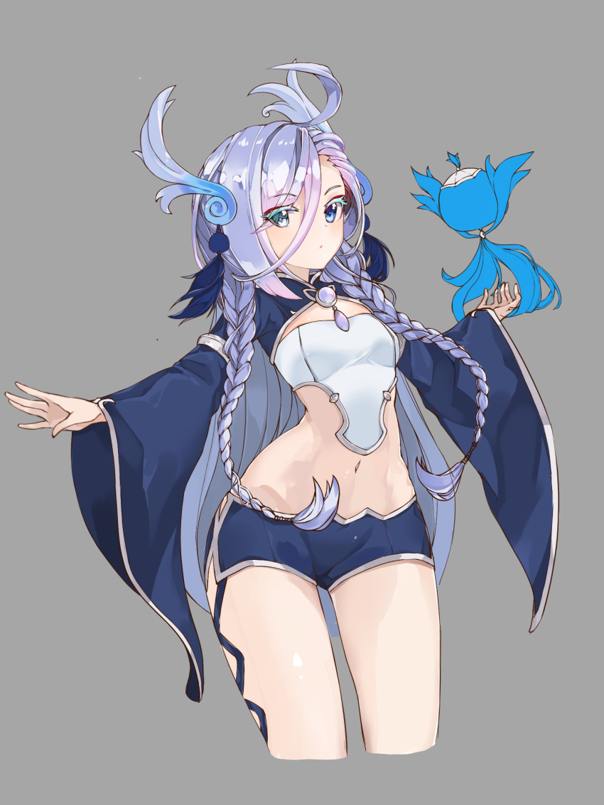 ahoge blue_eyes blue_shorts braid closed_mouth commentary_request cowboy_shot creature cropped_legs expressionless female grey_background hair_ornament hair_over_shoulder hami_(wjdwlsdnr112) highres legs long_hair looking_at_viewer maplestory maplestory_2 navel purple_hair short_shorts shorts shrug_(clothing) simple_background solo soul_binder_(maplestory_2) twin_braids