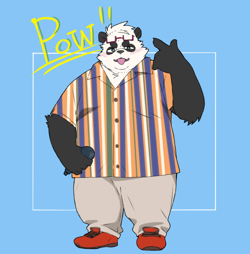 2023 anthro bear black_body black_nose blush bottomwear clothing giant_panda hi_res inunoshippo kemono male mammal overweight overweight_male pants sasayama_akira shirt solo tongue tongue_out topwear vtuber white_body