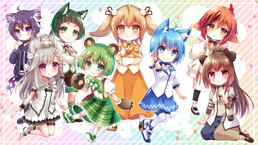 6+girls animal_ear_fluff animal_ears animare bear_ears bear_hair_ornament bear_paws black_ribbon commentary_request dog_ears haibara_akane hair_ornament hashiba_natsumi_(animare) highres hinokuma_ran inaba_haneru_(animare) kazami_kuku multiple_girls nanashi_inc. ribbon shiromiya_mimi souya_ichika souya_ichika_(1st_costume) twintails usaba_(usabara_c) virtual_youtuber yunohara_izumi