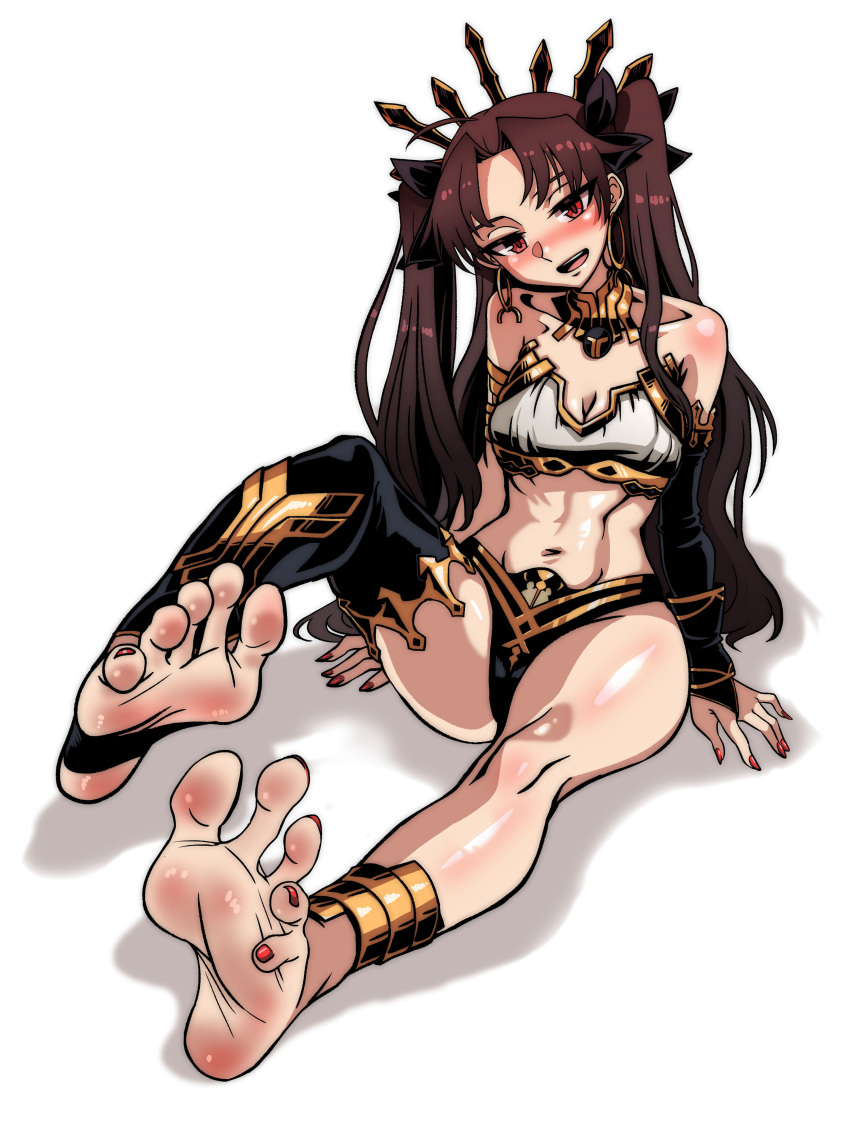 :d absurdres anklet bare_shoulders barefoot black_gloves black_hair blush breasts cleavage crown earrings elbow_gloves fate/grand_order fate_(series) feet female foot_focus full_body ga320aaa gloves highres ishtar_(fate) jewelry long_hair looking_at_viewer midriff nail_polish navel no_shoes open_mouth red_eyes red_nails smile soles solo strapless thighhighs toenail_polish toenails toes tube_top twintails very_long_hair