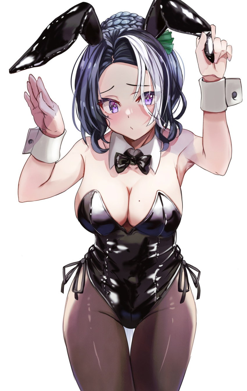 alternate_costume animal_ears bad_id bad_pixiv_id black_bow black_bowtie black_hair black_leotard black_pantyhose bow bowtie braid braided_bun breasts cleavage cowboy_shot detached_collar female hair_bun highres kamome_(aiou0413) leaning_forward leotard mejiro_ramonu_(umamusume) multicolored_hair pantyhose playboy_bunny purple_eyes rabbit_ears rabbit_pose side-tie_leotard sideboob simple_background single_hair_bun solo strapless strapless_leotard streaked_hair thigh_gap umamusume white_background white_hair wrist_cuffs