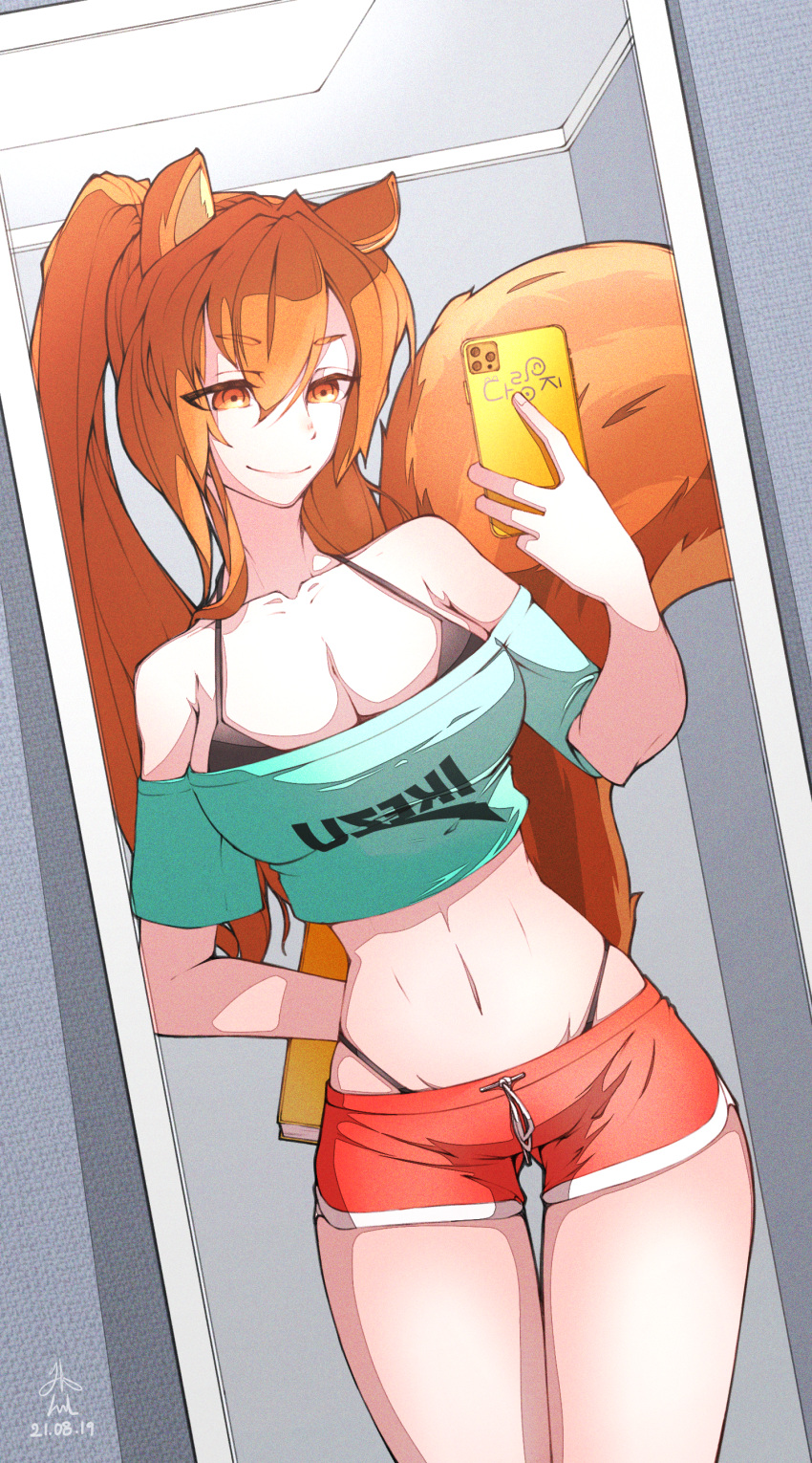 absurdres animal_ears aqua_shirt artist_request bare_shoulders bra_strap breasts brown_eyes brown_hair cellphone collarbone commission cowboy_shot crop_top cropped_shirt female groin hair_between_eyes hand_up highleg highleg_panties highres holding holding_phone indoors large_breasts large_tail long_hair midriff mirror navel off-shoulder_shirt off_shoulder original panties park_bokja phone ponytail red_shorts reflection second-party_source shirt short_shorts short_sleeves shorts smartphone smile solo squirrel_ears squirrel_tail standing stomach tail thighs underwear very_long_hair